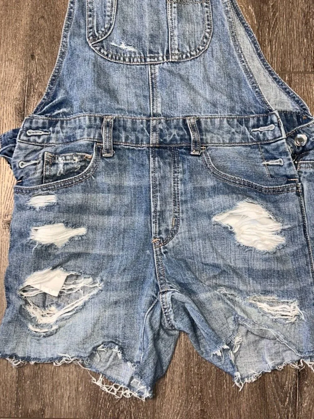 American Eagle Tomgirl Shortall Overalls Blue Denim Womens Size XXS  Distressed
